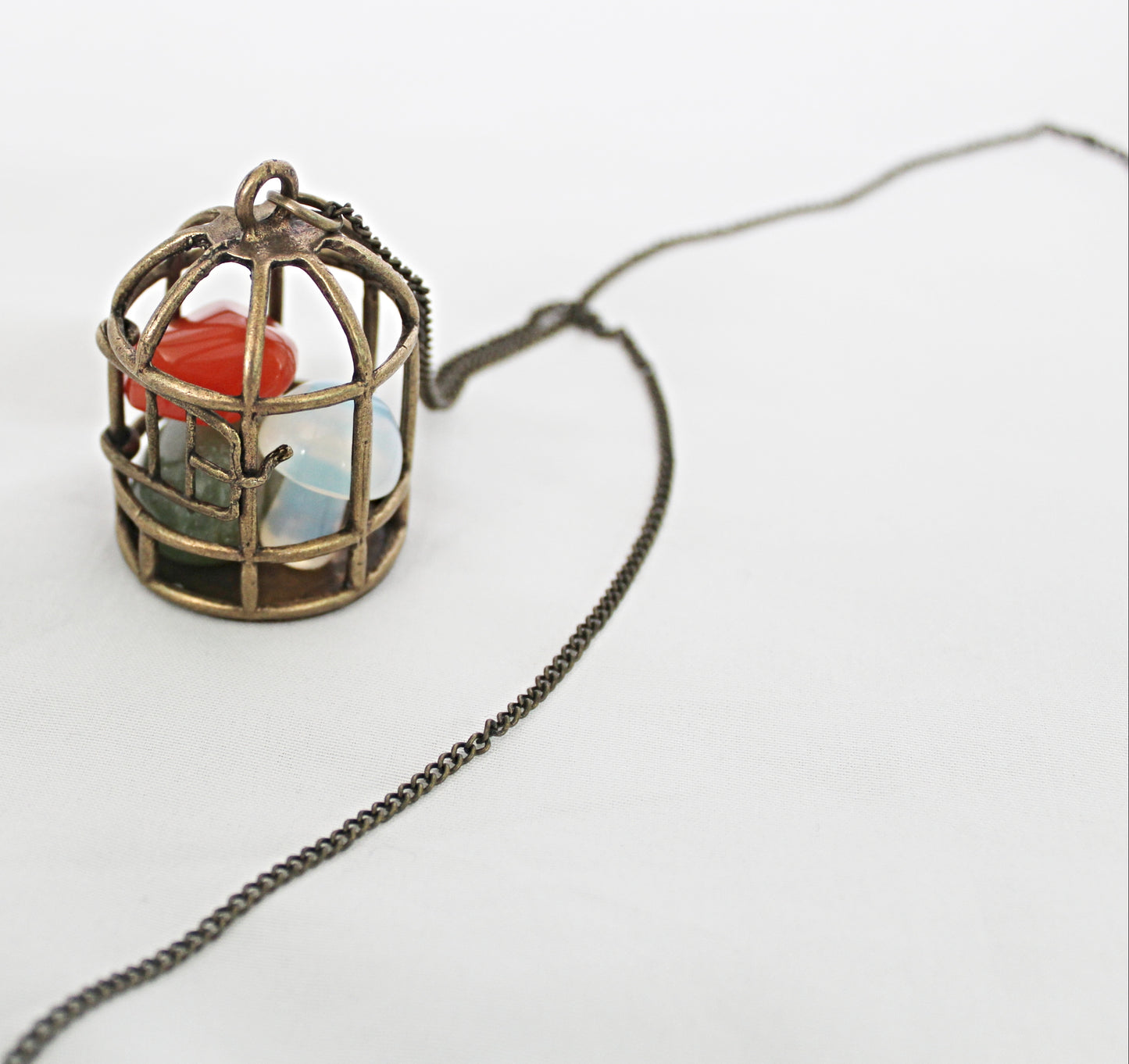 Birdcage Crystal Necklace featuring Mushroom Opalite, Carnelian, and Green Aventurine