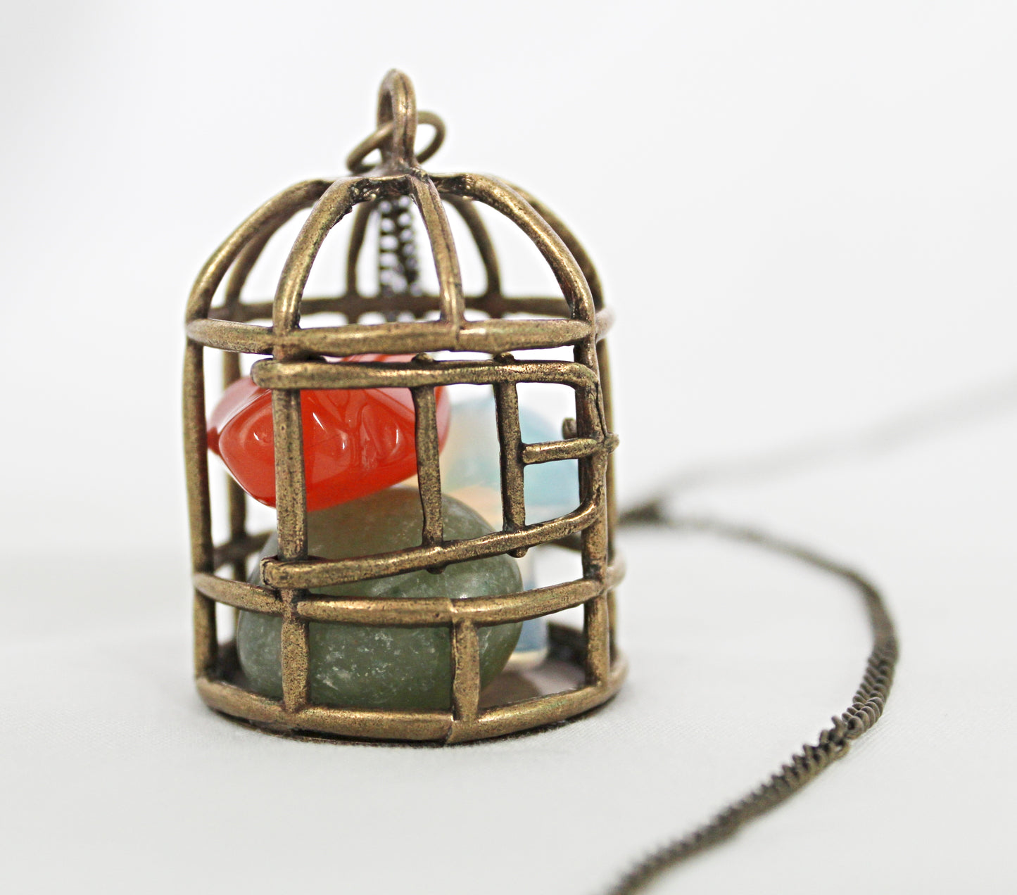 Birdcage Crystal Necklace featuring Mushroom Opalite, Carnelian, and Green Aventurine