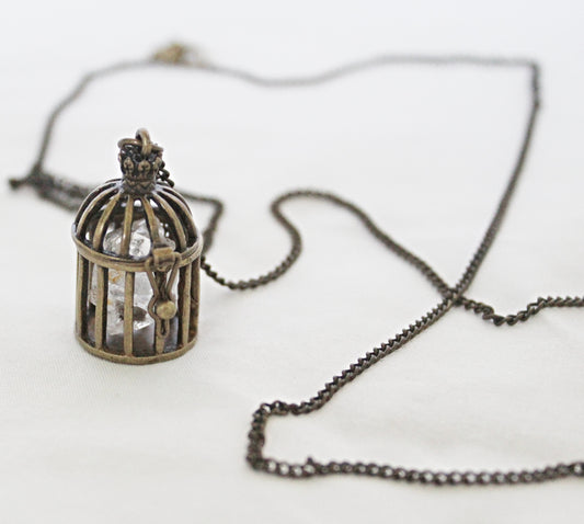 Small Birdcage Crystal Necklace featuring Clear Quartz Point