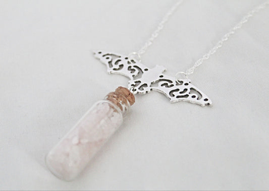 Bat Rose Quartz Spell Jar Necklace - Wildflower Moon Magic