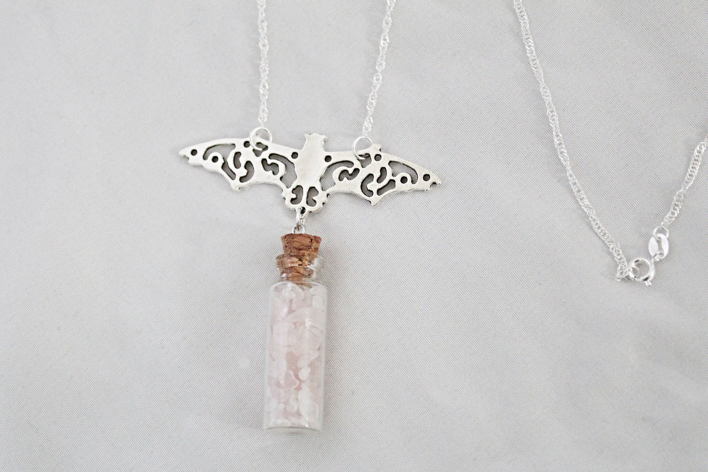 Bat Rose Quartz Spell Jar Necklace - Wildflower Moon Magic