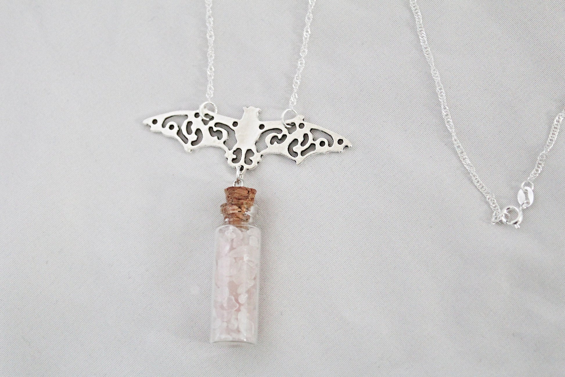 Bat Rose Quartz Spell Jar Necklace - Wildflower Moon Magic