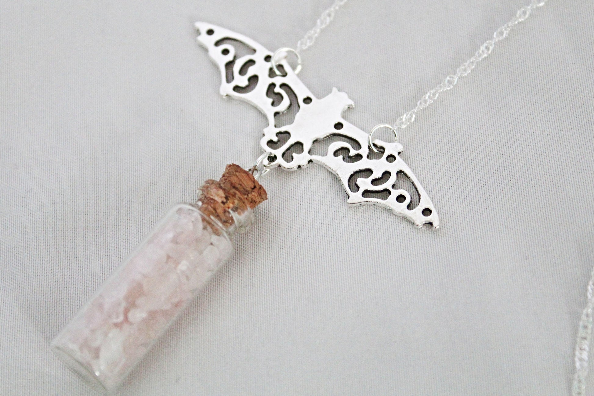 Bat Rose Quartz Spell Jar Necklace - Wildflower Moon Magic