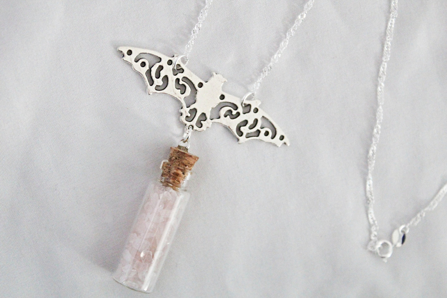 Bat Rose Quartz Spell Jar Necklace - Wildflower Moon Magic