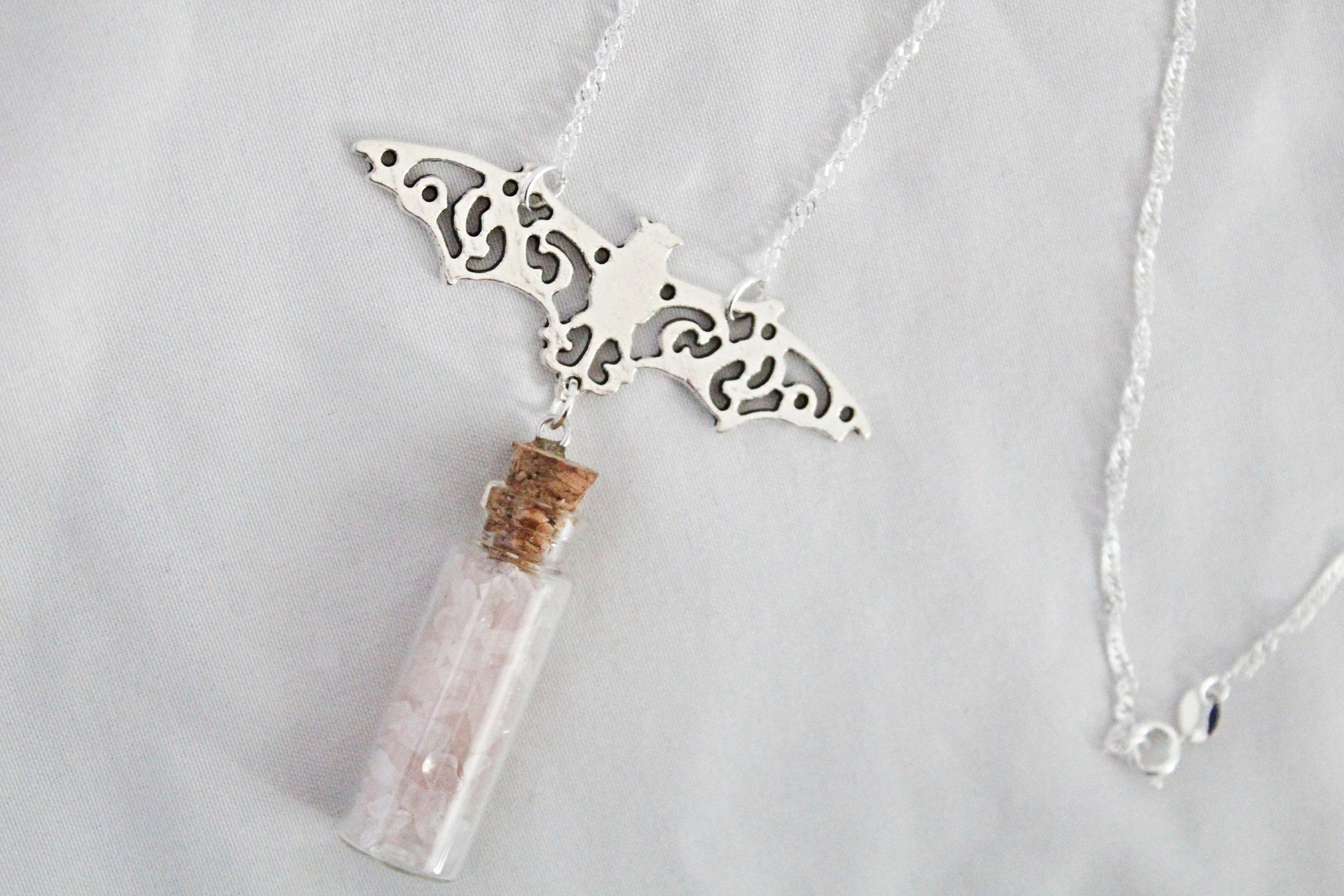 Bat Rose Quartz Spell Jar Necklace - Wildflower Moon Magic