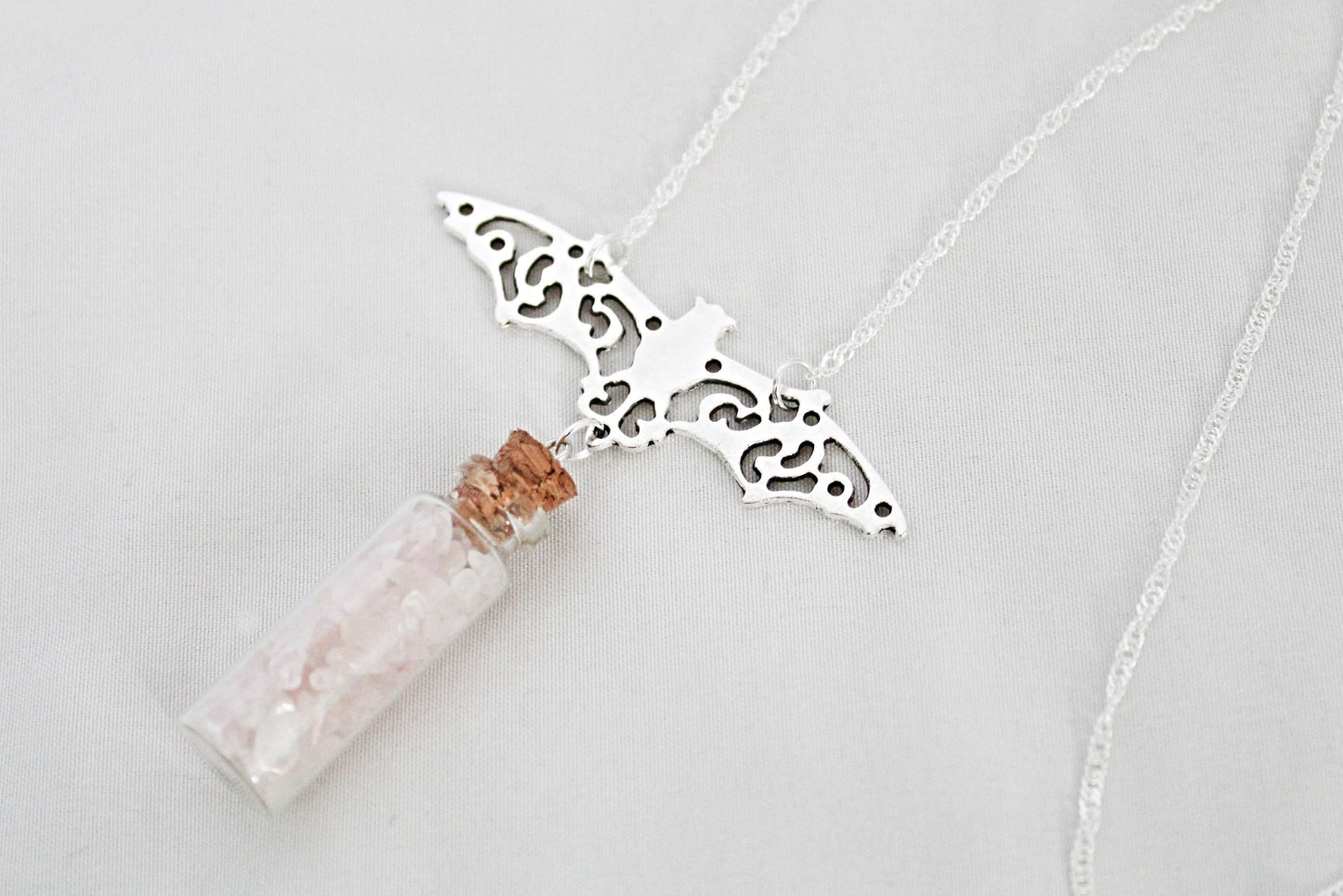 Bat Rose Quartz Spell Jar Necklace - Wildflower Moon Magic