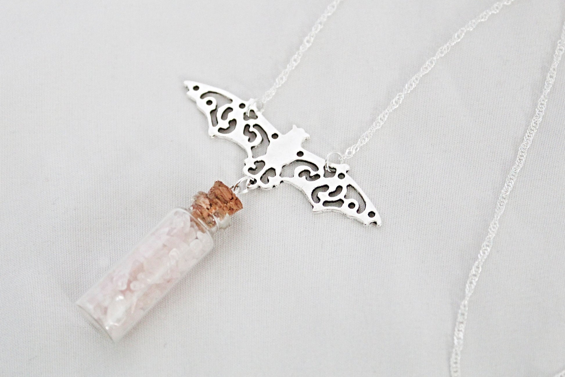 Bat Rose Quartz Spell Jar Necklace - Wildflower Moon Magic