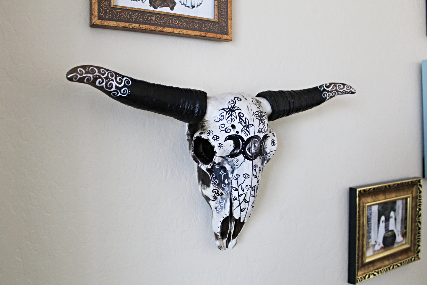 Large Triple Moon Bull Skull Wall Hanging - Wildflower Moon Magic