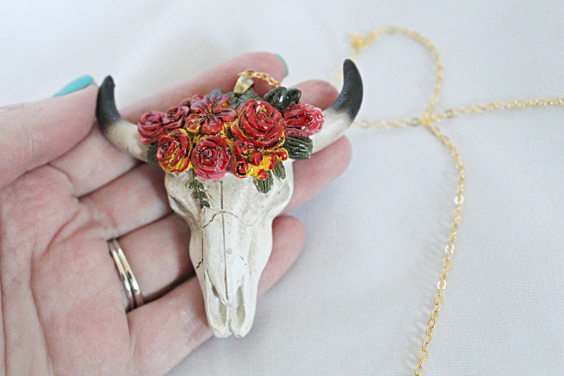 Large Floral Bull Skull Necklace - Wildflower Moon Magic