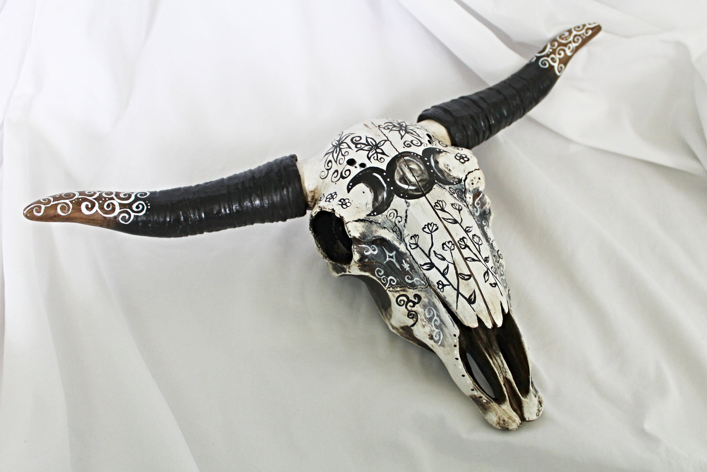 Large Triple Moon Bull Skull Wall Hanging - Wildflower Moon Magic