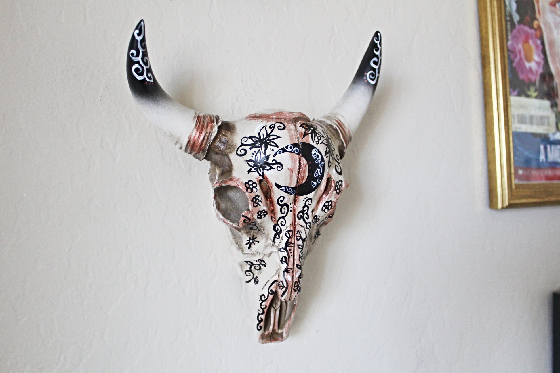 Bull Skull Wall Hanging, Copper Bull Skull, Floral Bull Skull, Hand Painted Bull Skull, Witch Bull Skull - Wildflower Moon Magic