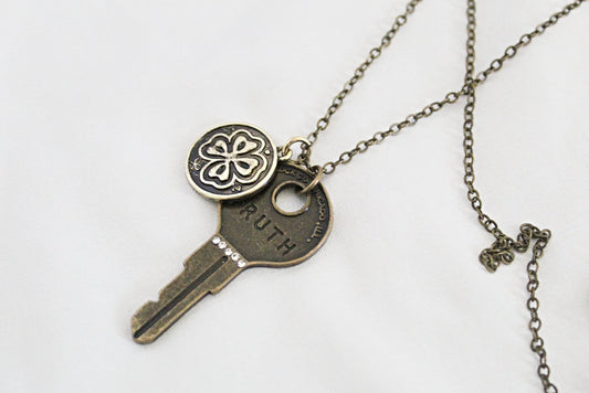 Good Luck Key and Shamrock Necklace - Wildflower Moon Magic