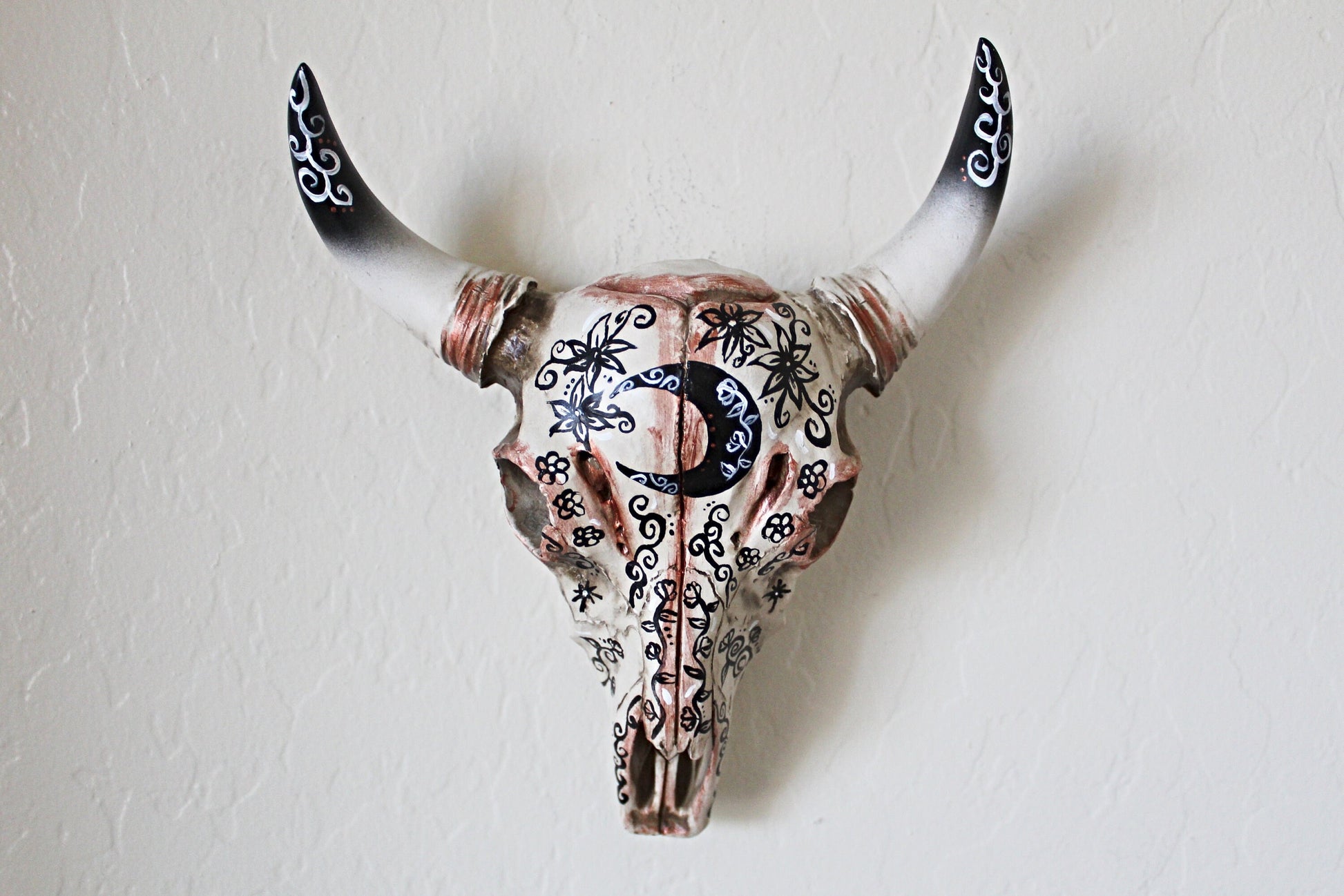 Bull Skull Wall Hanging, Copper Bull Skull, Floral Bull Skull, Hand Painted Bull Skull, Witch Bull Skull - Wildflower Moon Magic