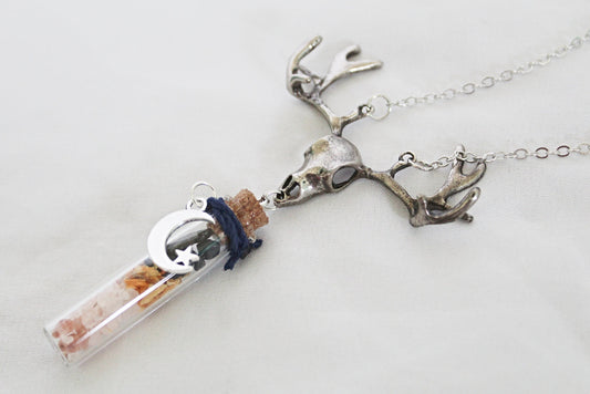 Elk Spell Jar Necklace, Little Jar of Protection Necklace, Spell Jar Necklace, Elk Skull Necklace - Wildflower Moon Magic