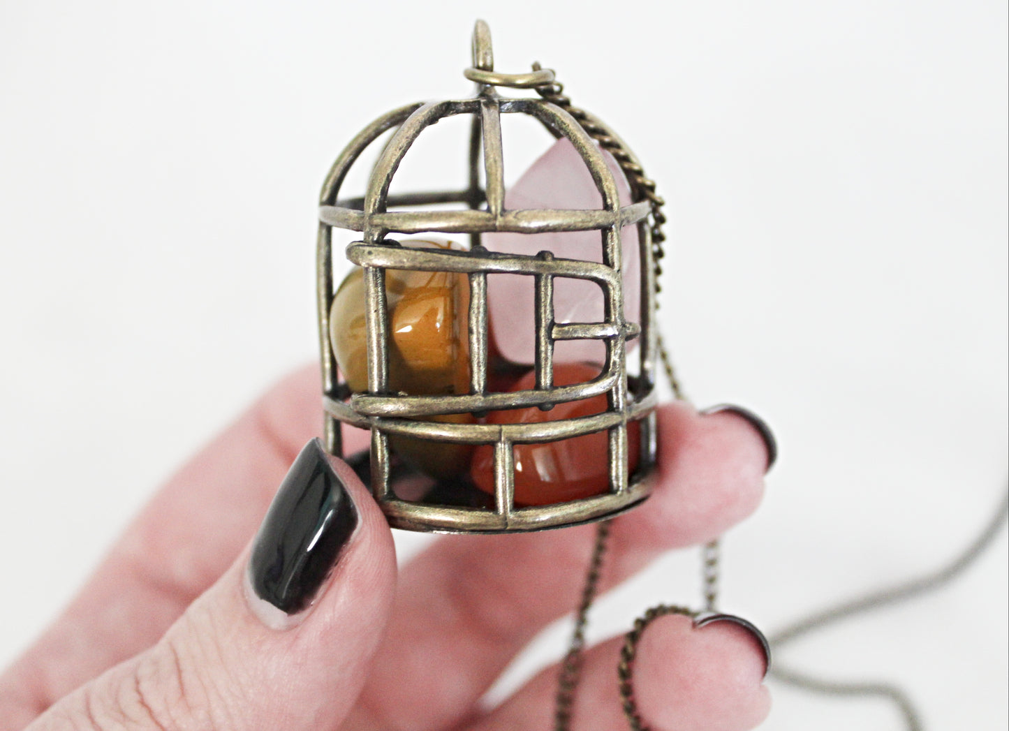 Birdcage Crystal Necklace featuring Mookaite, Rose Quartz, and Carnelian