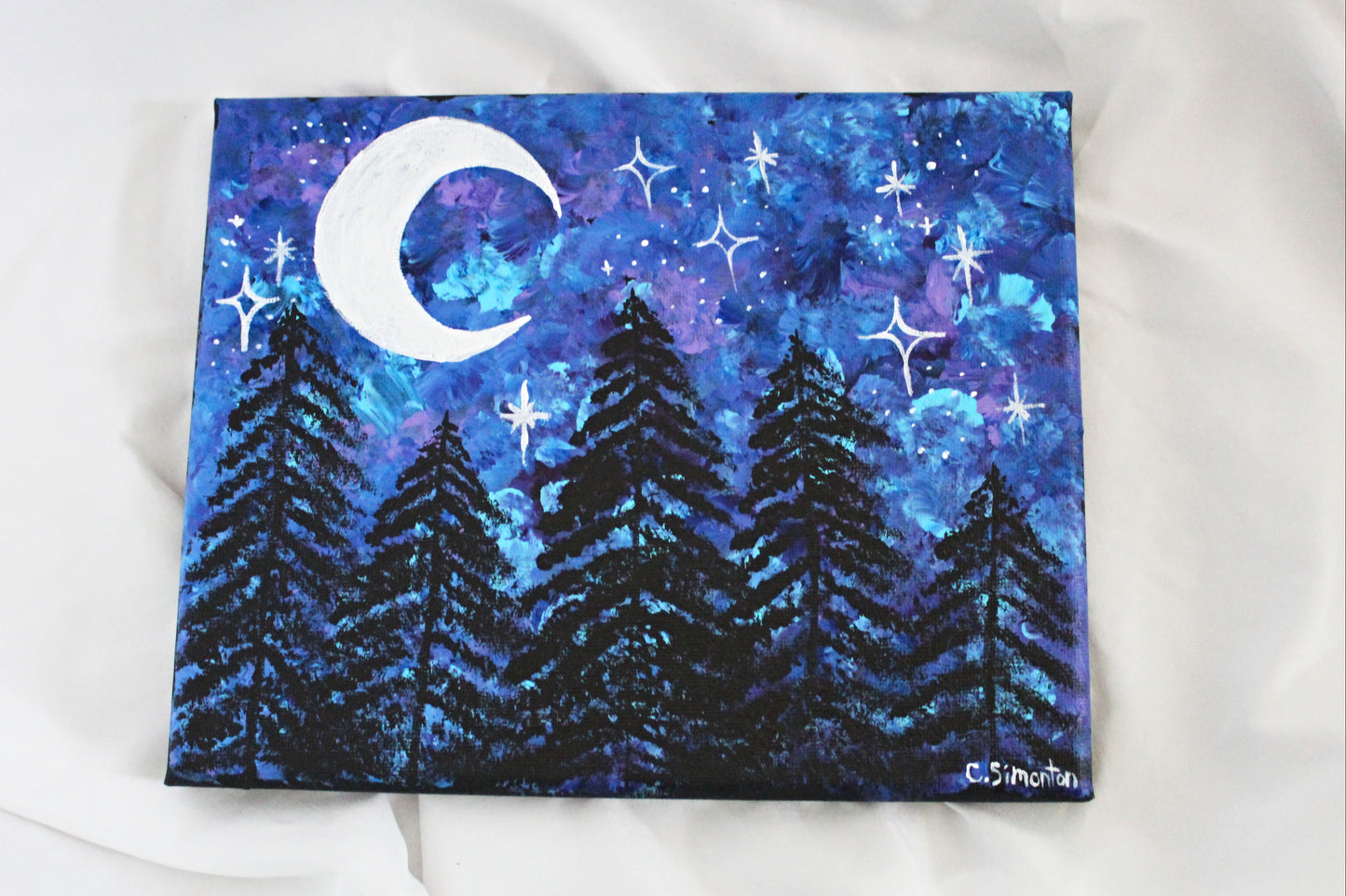 Nighttime Forest Painting with Crescent Moon