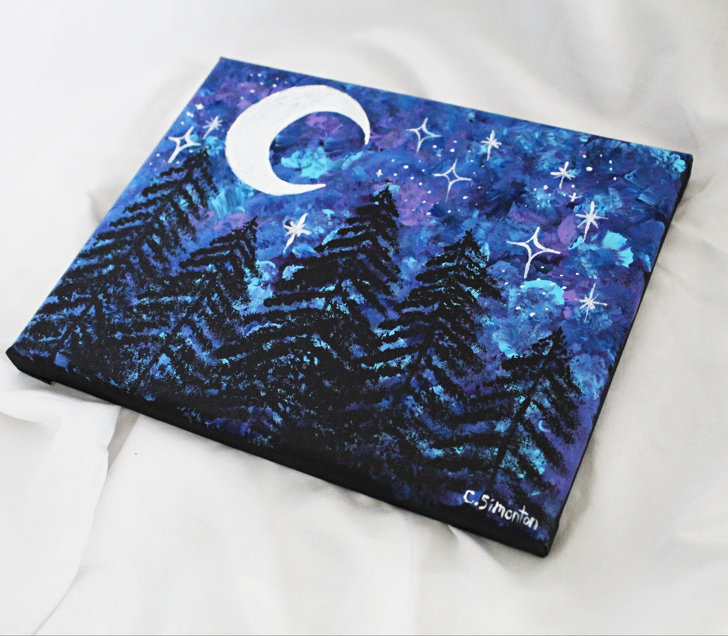 Nighttime Forest Painting with Crescent Moon