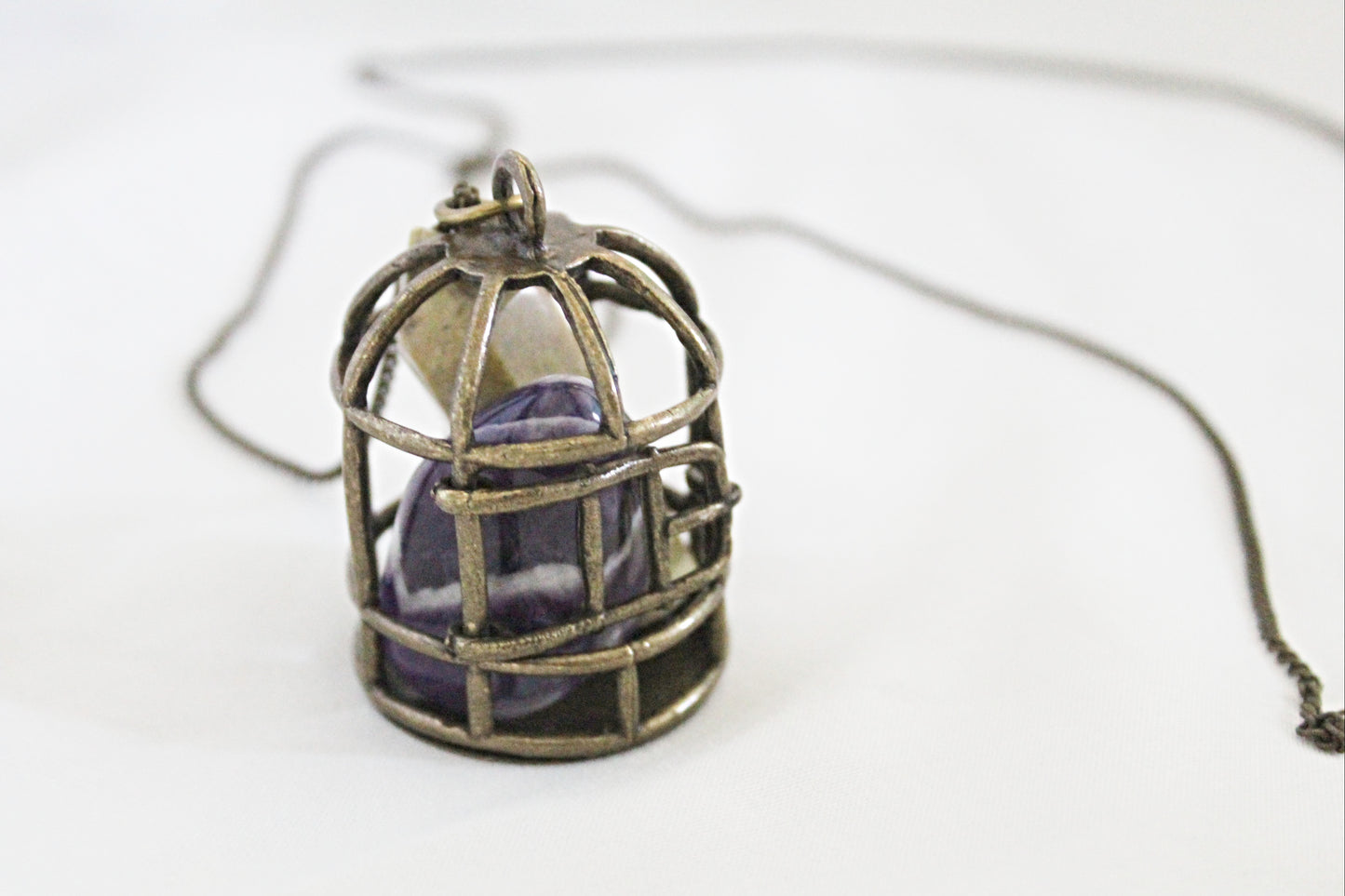 Birdcage Crystal Necklace featuring Serpentine and Chevron Amethyst