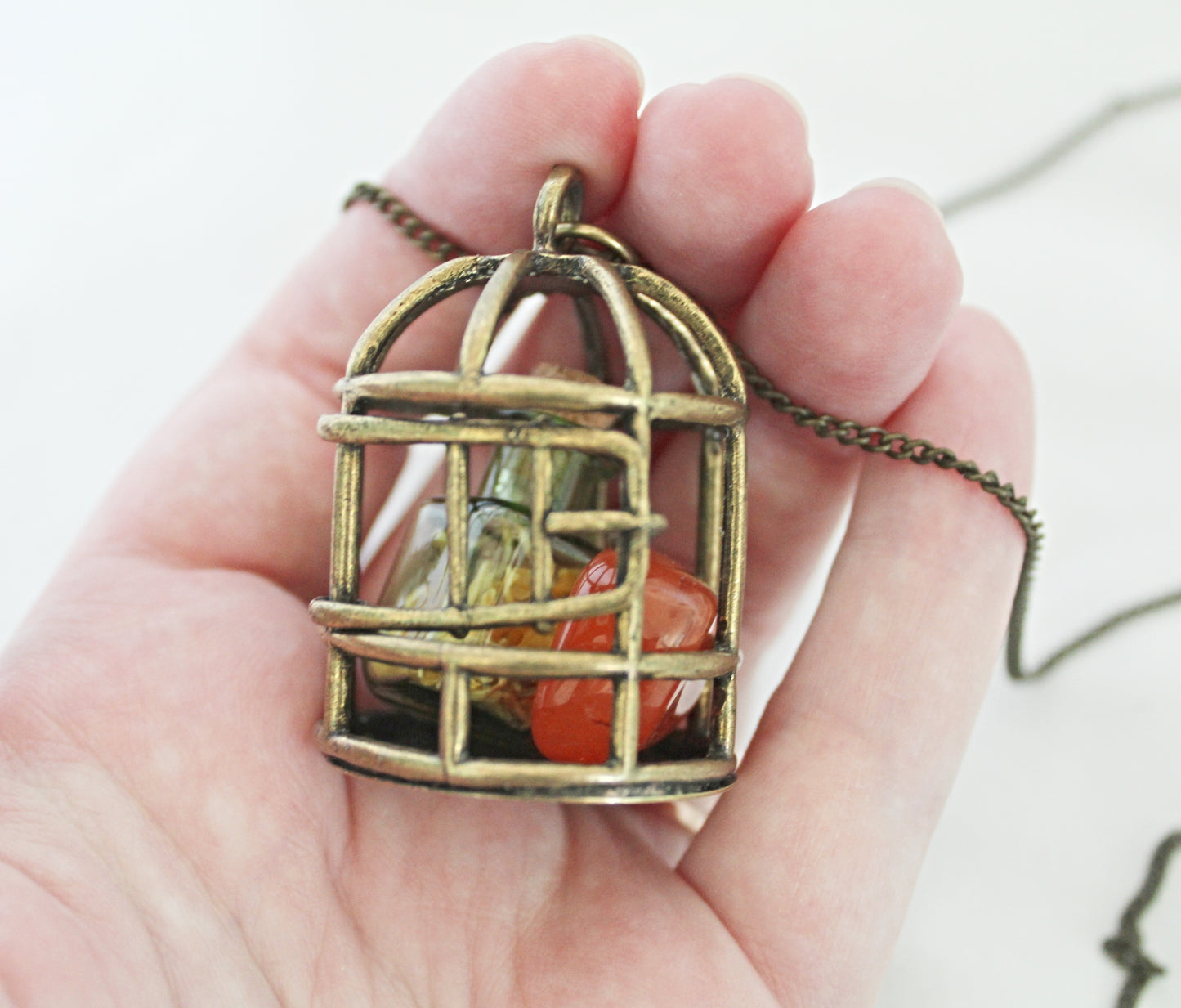 Birdcage Crystal Necklace featuring Calendula Spell Jar and Carnelian