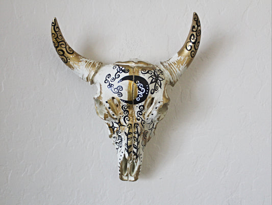 Moon and Floral Bull Skull Wall Hanging