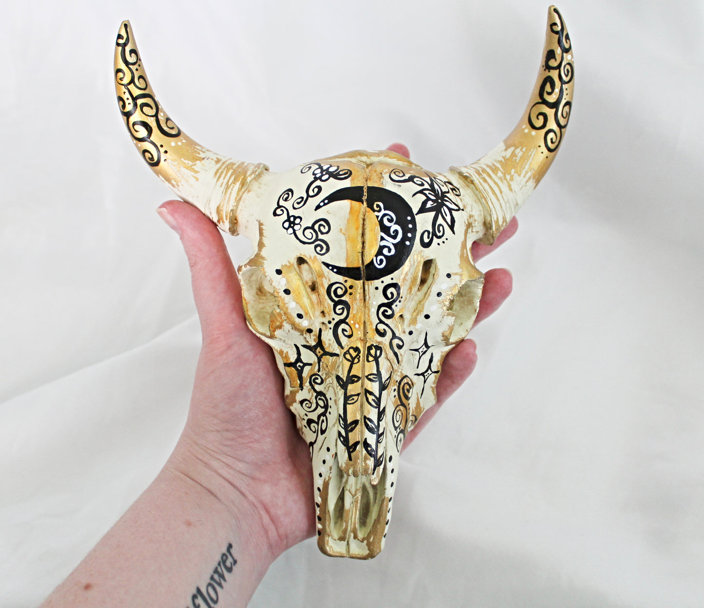 Moon and Floral Bull Skull Wall Hanging