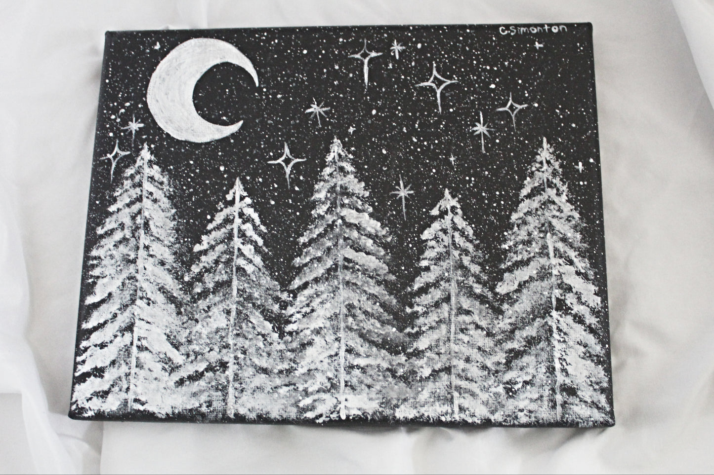 Nighttime White Tree Forest Painting