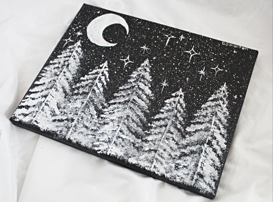 Nighttime White Tree Forest Painting