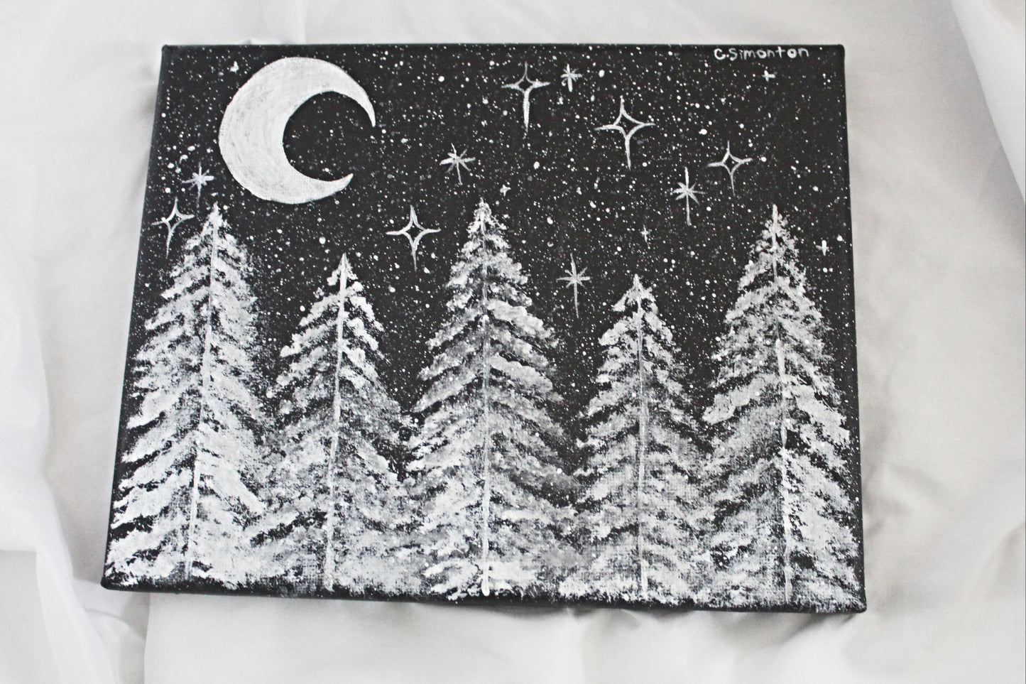 Nighttime White Tree Forest Painting